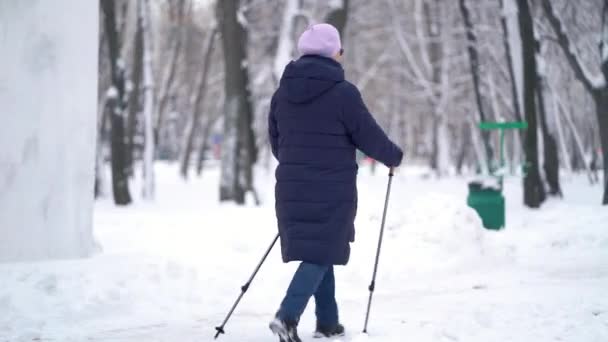 Actieve oudere vrouw traint Nordic walking met wandelstokken. Oudere vrouw die in de winter nordic walking beoefent — Stockvideo