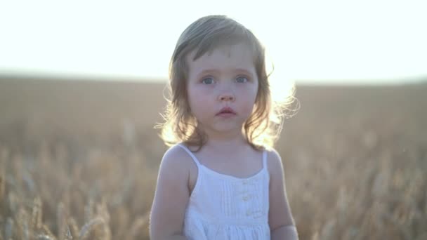 Retrato de niña en un vestido blanco en el campo — Vídeos de Stock