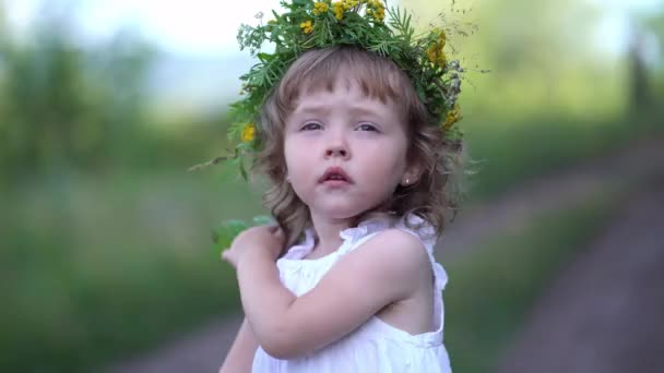 Ritratto di una bambina in una ghirlanda di fiori selvatici sulla testa — Video Stock