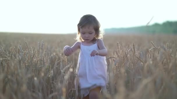 Retrato de niña en un vestido blanco en el campo — Vídeos de Stock