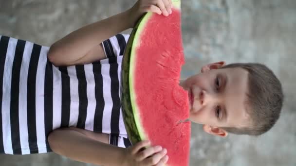 Ritratto del bambino in età prescolare mangiare anguria fresca — Video Stock