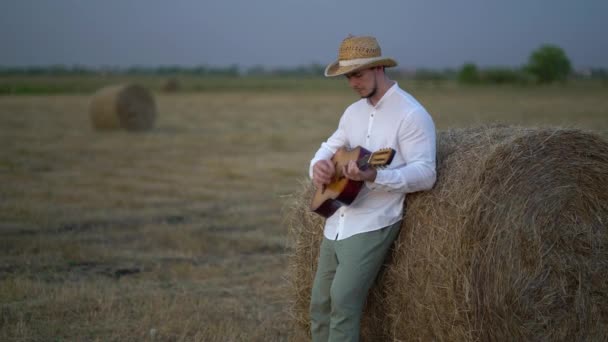 藁帽子を被った男が干し草の山の上でギターを弾き — ストック動画