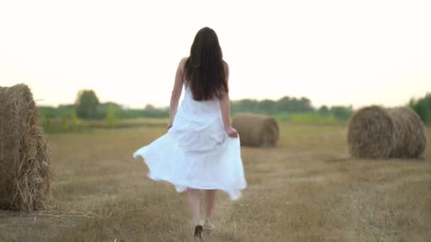 Bella donna incinta in esecuzione nel campo di grano con pagliai al giorno d'estate — Video Stock