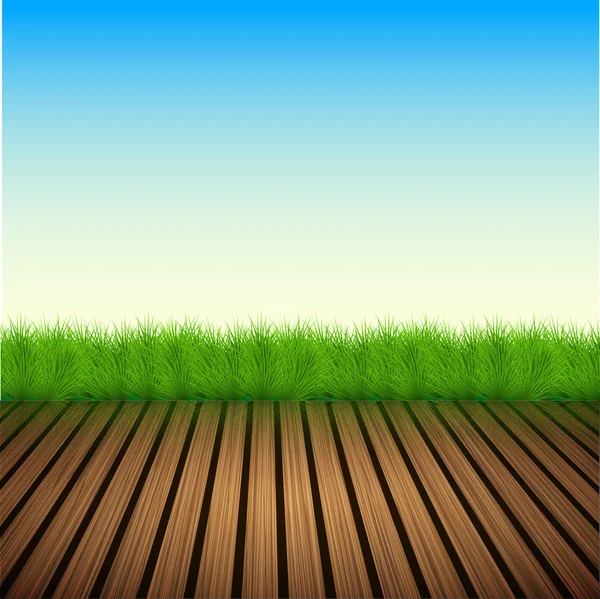Διάνυσμα ξύλινο πάτωμα με γρασίδι, ουρανό — Διανυσματικό Αρχείο