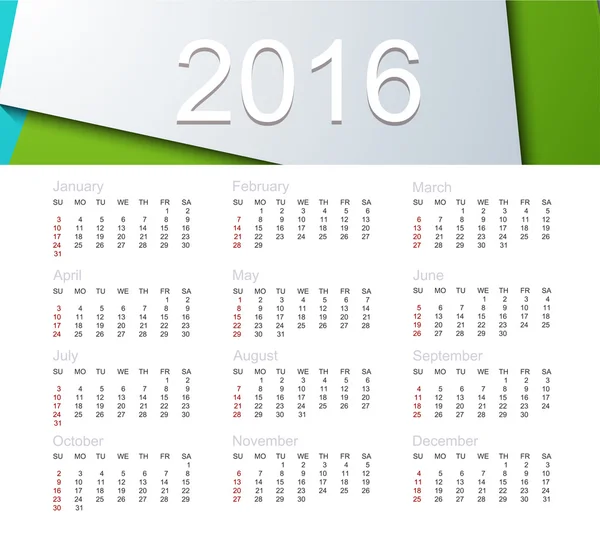Calendário vetorial para 2016 ano —  Vetores de Stock