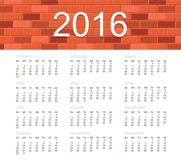 Vector calendar for 2016 year — Stock Vector