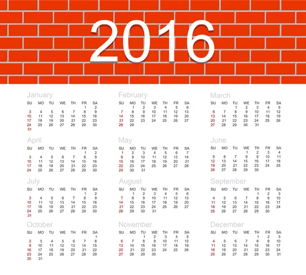 Vector calendar for 2016 year — Stock Vector