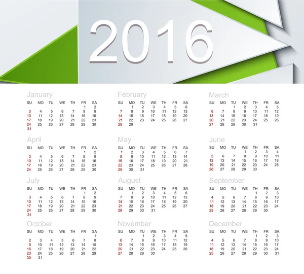 Calendario vectorial 2016 año — Vector de stock