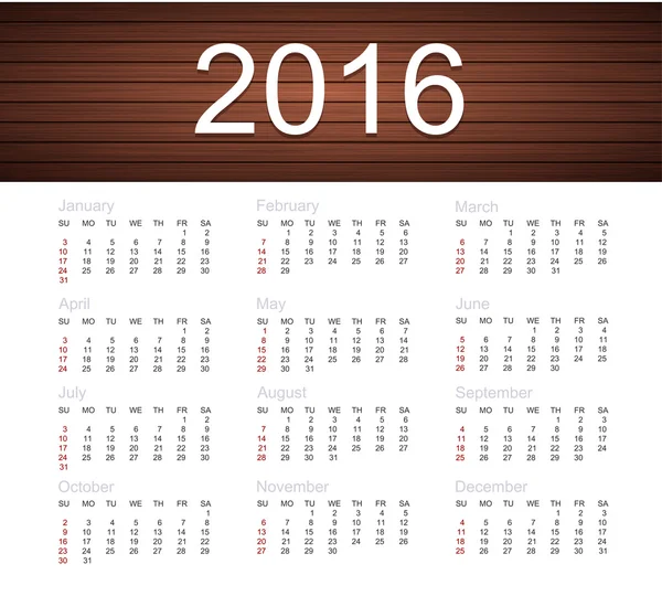 Vector calendar for 2016 year — Stock Vector