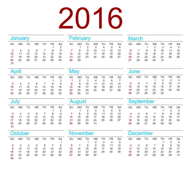 Vector calendar for 2016 year — Stock Vector
