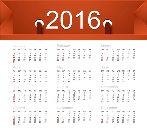 Vector calendar for 2016 year — Stock Vector