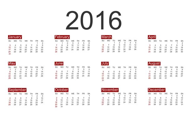 Vector calendar for 2016 year — Stock Vector