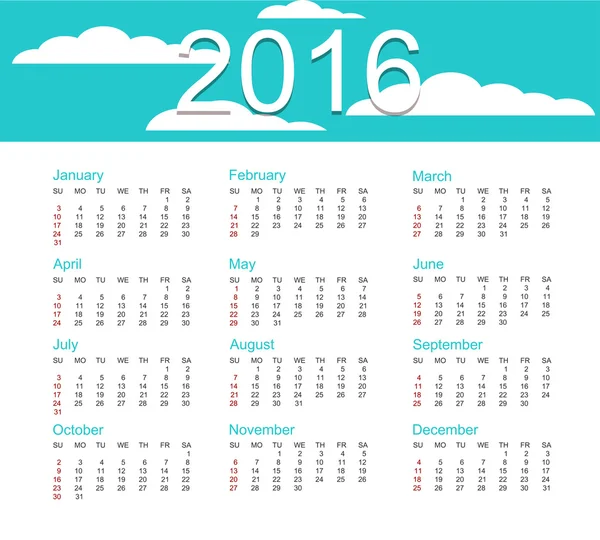 Vector calendar for 2016 year — Stock Vector