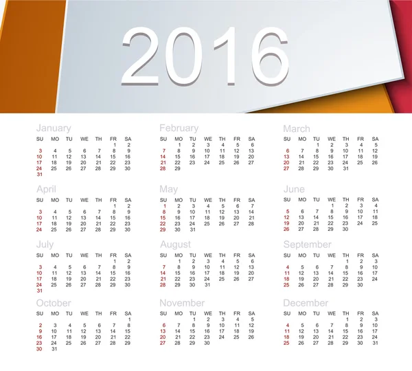 Vector calendar for 2016 year — Stock Vector