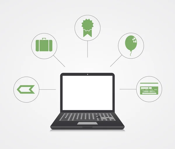 Marketing digitale vettoriale. Laptop con icone campione — Vettoriale Stock