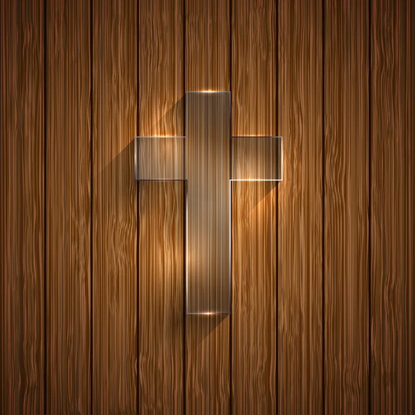 Vector glass cross on wooden background — Stock Vector