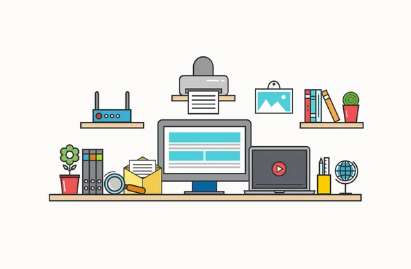 Vector modern thin line flat design of workplace — Stockvector