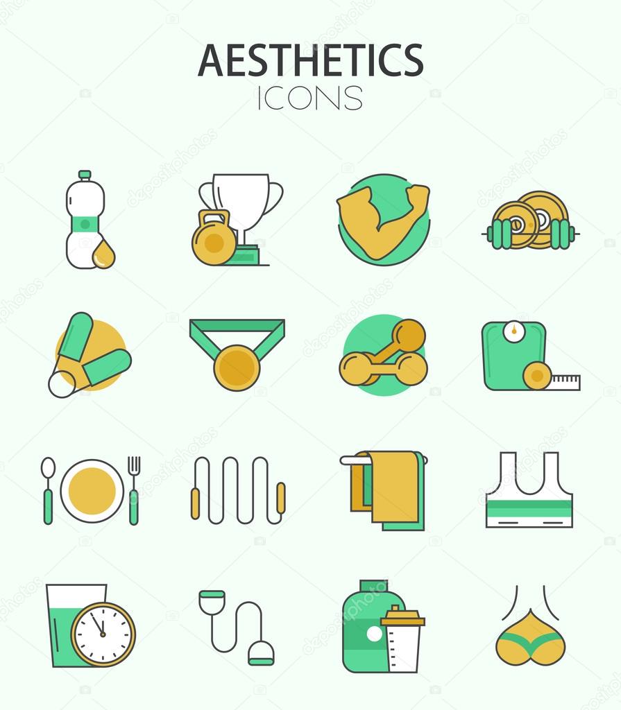Vector modern thin line flat design of icons set. Fitness and bodybuilding, sport outline infographic collection