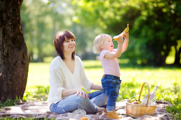Mujer joven y su pequeño hijo haciendo un picnic en el parque — Foto de Stock