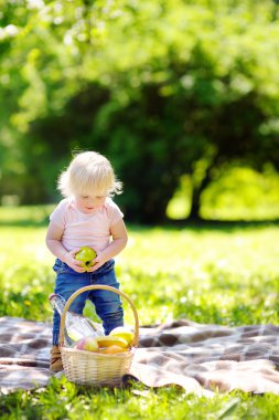 Parkta piknik yürümeye başlayan çocuk