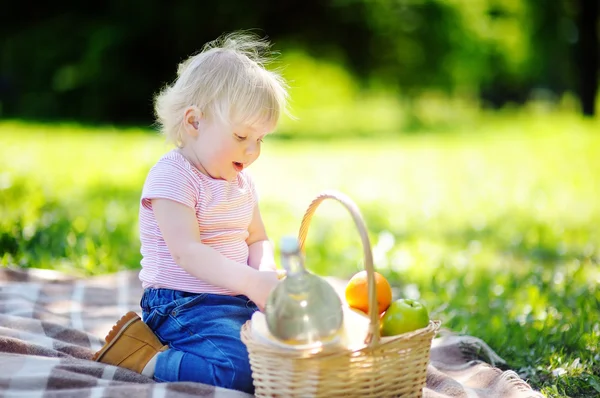 Niño pequeño haciendo un picnic en el parque — Foto de Stock