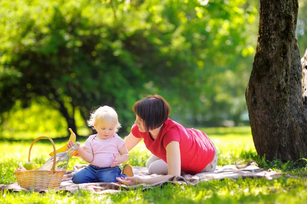 Middle aged woman and her little grandson in sunny park — Stock Photo, Image