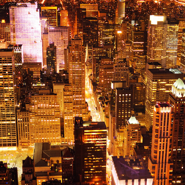 Aerial view of Manhattan New York at night