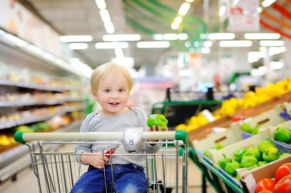 Toddler boy sitting in the shopping cart in a supermarket — Stock Photo, Image