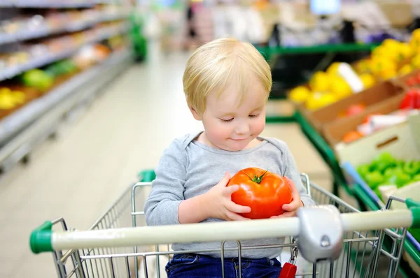 Toddler boy sitting in the shopping cart in a food store — Stock Photo, Image