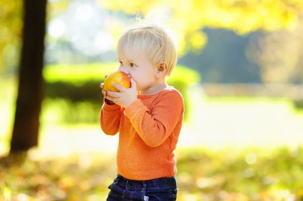 Batole chlapec jíst čerstvé bio broskev — Stock fotografie