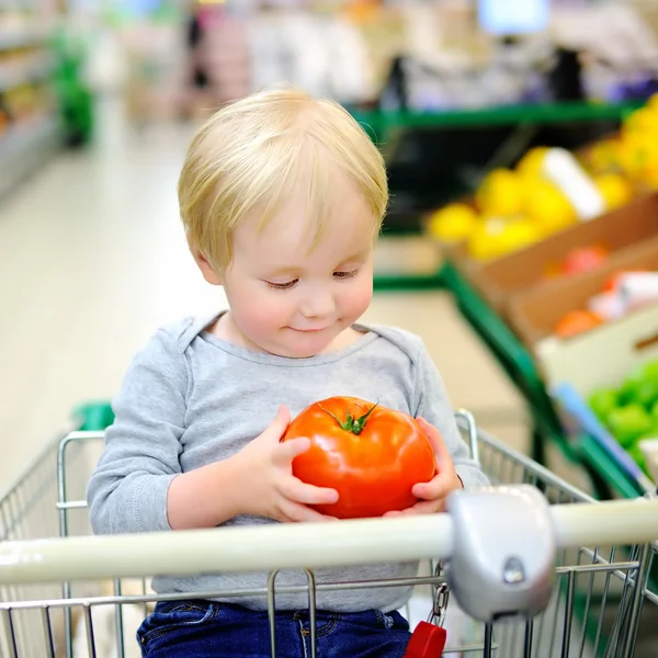 Kleinkind sitzt im Einkaufswagen eines Lebensmittelgeschäfts — Stockfoto