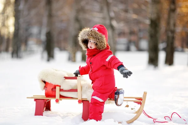 Retrato de criança bonita menino se divertindo no parque de inverno — Fotografia de Stock