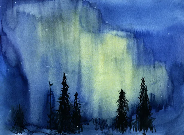 Ręcznie rysowane ilustracja wgląd nocy z northern lights — Zdjęcie stockowe