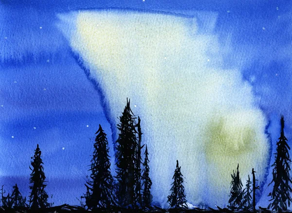 Ručně kreslené ilustrace noční scéna s northern lights — Stock fotografie