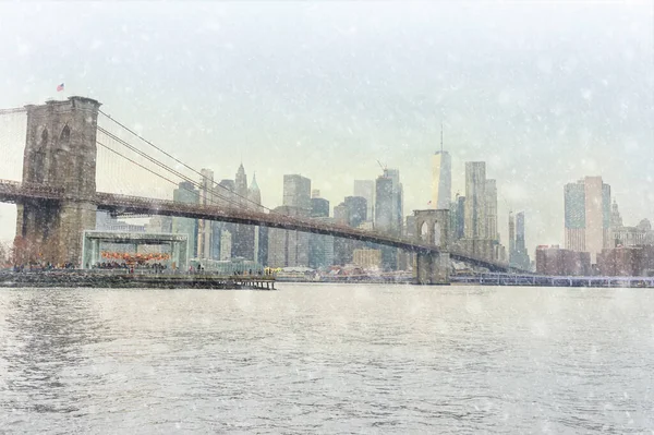 Nádherný Výhled Slavný Zavěšený Brooklynský Most Manhattanské Mrakodrapy New Yorku — Stock fotografie