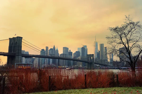 Úžasný Malebný Výhled Slavný Zavěšený Brooklynský Most Manhattanské Mrakodrapy New — Stock fotografie