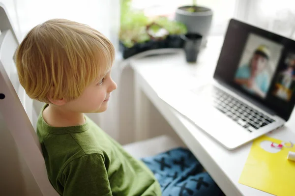 Child Learning Home Coronavirus Lockdown Boy Laptop Having Video Conference — Stock Photo, Image