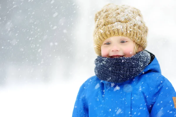 Portrait Drôle Petit Garçon Vêtements Hiver Bleus Promène Lors Une — Photo