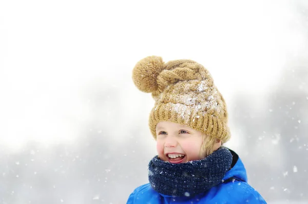 Porträt Eines Lustigen Kleinen Jungen Blauer Winterkleidung Der Bei Schneefall — Stockfoto