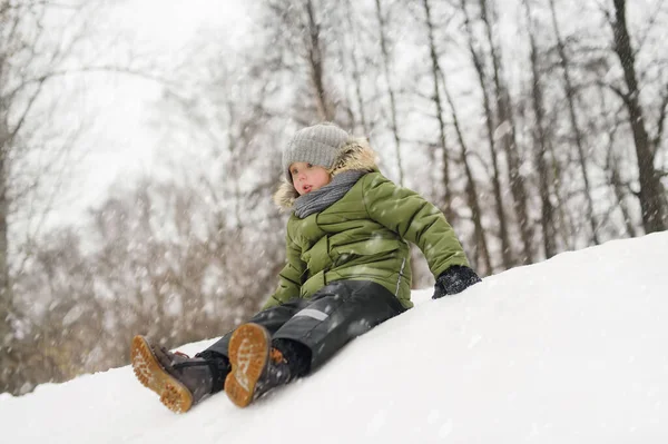 小男孩喜欢在下雪天骑在冰上滑行 暴风雪期间 孩子们玩得很开心 有子女家庭的户外活动 — 图库照片