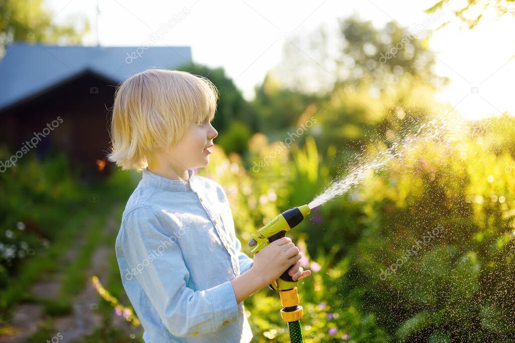 Funny little boy watering plants and playing with garden hose with sprinkler in sunny backyard. Preschooler child having fun with spray of water. Summer outdoors activity for kids.