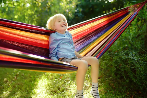 Cute Little Blond Caucasian Boy Having Fun Multicolored Hammock Backyard — Stock Photo, Image