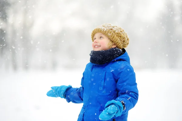 雪の中で新雪と遊ぶのが楽しい男の子 赤ちゃんは手袋に雪の結晶をキャッチ 暖かい服 手の手袋 スカーフで身を包んだ子供 子供のためのアクティブな冬の屋外レジャー — ストック写真