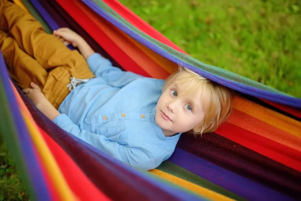 Cute Little Blond Caucasian Boy Having Fun Multicolored Hammock Backyard — Stock Photo, Image