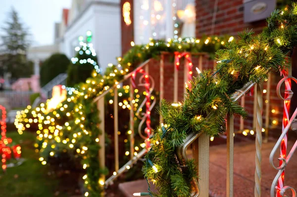 Magically Decorated Courtyard Staircase House Christmas New Year Holidays Glowing — Stock Photo, Image
