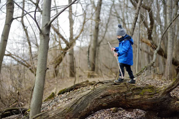 Malý Chlapec Časném Jaru Túře Lese Děti Hrají Baví Jaře — Stock fotografie