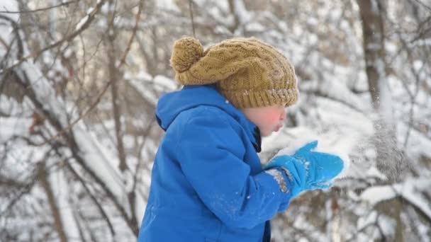 Niño Sopla Sobre Nieve Fresca Tirado Sus Manos Niño Divirtiéndose — Vídeos de Stock