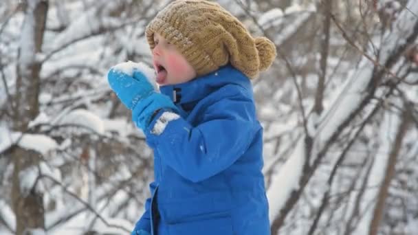 Niño Come Nieve Fresca Tendida Sus Manos Niño Divirtiéndose Jugando — Vídeos de Stock