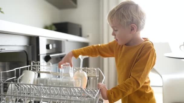 孩子把脏陶器放在家里洗碗机里 妈妈的小助手 — 图库视频影像