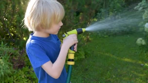 面白い小さな男の子は植物を散水し 日当たりの良い裏庭でスプリンクラーで庭のホースで遊んでいます 水のスプレーで楽しんでいる未就学児 子供のための夏の屋外活動 — ストック動画